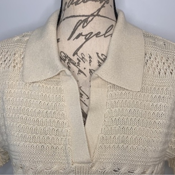Joie short sleeve open knit crochet collared sweater ivory/cream M - Picture 2 of 7